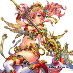 Rule 34 | 1girl, bare shoulders, blush, boots, breasts, brown eyes, circlet, company name, esphy, flower, hair flower, hair ornament, holding, holding polearm, holding weapon, looking at viewer, navel, official art, pink hair, polearm, red footwear, sangoku infinity, small breasts, solo, thighhighs, twintails, weapon, white background, white thighhighs