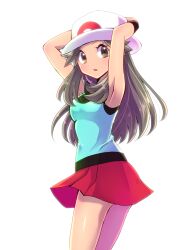Rule 34 | 1girl, armpits, arms up, breasts, brown eyes, brown hair, bucket hat, commentary request, cowboy shot, creatures (company), eyelashes, game freak, green shirt, hair flaps, hat, highres, leaf (pokemon), long hair, looking back, medium breasts, nintendo, parted lips, pleated skirt, pokemon, pokemon frlg, red skirt, sawarabi (sawarabi725), shiny skin, shirt, simple background, skirt, sleeveless, sleeveless shirt, solo, white background, white hat, wristband