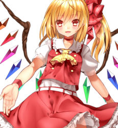 Rule 34 | 1girl, bad id, bad pixiv id, black legwear, blonde hair, bow, choker, fang, flandre scarlet, hair bow, looking at viewer, lowres, open mouth, outstretched arm, outstretched hand, pink hair, pointy ears, puffy sleeves, shirt, short sleeves, simple background, skirt, skirt set, smile, solo, touhou, tsukiriran, vest, white background, wings, wrist cuffs