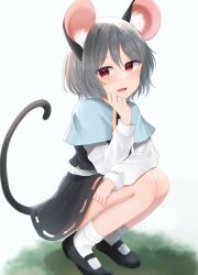 Rule 34 | 1girl, :d, absurdres, animal ear fluff, animal ears, black footwear, blue capelet, blush, capelet, commentary request, dakuazu, flat chest, full body, grey hair, grey skirt, grey vest, hair between eyes, highres, long sleeves, looking at viewer, mary janes, mouse ears, mouse girl, mouse tail, nazrin, open mouth, red eyes, shirt, shoes, short hair, skirt, smile, socks, solo, squatting, tail, touhou, vest, white background, white shirt, white socks