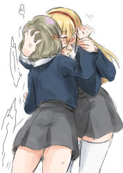 Rule 34 | 2girls, anger vein, arm grab, bare legs, blonde hair, blush, brown hair, closed eyes, face-to-face, food, forced, forced kiss, hair ornament, hairband, hand on another&#039;s head, heanna sumire, hime cut, jacket, kiss, long hair, love live!, love live! superstar!!, miniskirt, multiple girls, pleated skirt, pocky, restrained, school uniform, short hair, simple background, skirt, tang keke, thighhighs, thighs, tight clothes, unya, watch, white background, white legwear, wristwatch, yuri, zettai ryouiki