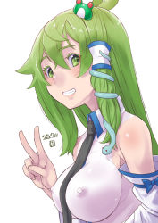 Rule 34 | 1girl, between breasts, breasts, collared shirt, covered erect nipples, dated, detached sleeves, frog, frog hair ornament, green eyes, green hair, hair ornament, hair tubes, impossible clothes, impossible shirt, japanese clothes, kei jiei, kochiya sanae, large breasts, miko, necktie, necktie between breasts, nontraditional miko, shirt, smile, snake, snake hair ornament, solo, touhou, v, white background