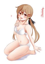Rule 34 | 1girl, black bow, blush, bow, bra, breasts, brown eyes, brown hair, from above, hair bow, highres, ishida arata, kantai collection, long hair, looking at viewer, looking up, low twintails, medium breasts, open mouth, panties, simple background, sitting, smile, solo, tashkent (kancolle), twintails, twitter username, underwear, wariza, white background, white bra, white panties