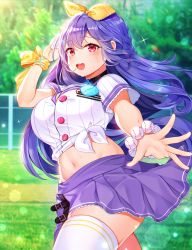 Rule 34 | 1girl, :d, arm up, black choker, bracelet, choker, cowboy shot, crop top, front-tie top, hair ribbon, highres, houchi shoujo, jewelry, long hair, looking at viewer, midriff, miniskirt, navel, open mouth, outstretched arm, pleated skirt, purple hair, purple skirt, red eyes, reel (riru), ribbon, shirt, short sleeves, skirt, smile, solo, stomach, thighhighs, very long hair, white shirt, white thighhighs, wrist ribbon, zettai ryouiki