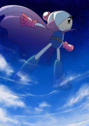 Rule 34 | 1boy, arm up, belt, blue footwear, blue leotard, blue sky, blue theme, bodysuit, bomberman, bomberman jetters, boots, brown eyes, cape, clenched hand, cloud, day, floating, full body, giant, giant male, gloves, high collar, highres, knee boots, leotard, looking at viewer, male focus, mighty (bomberman), one eye covered, outdoors, outstretched arm, red cape, red gloves, saboten7, sky, solo, star (sky), thick eyebrows, white bodysuit