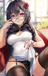 Rule 34 | 1girl, :q, absurdres, bare shoulders, black hair, blush, braid, breasts, china dress, chinese clothes, cleavage, dress, flower, garter straps, glasses, hair flower, hair ornament, highres, lace, lace-trimmed panties, lace trim, long hair, looking at viewer, medium breasts, original, panties, pelvic curtain, purple eyes, side slit, sleeveless, sleeveless dress, solo, thighhighs, tongue, tongue out, twin braids, underwear, yufou