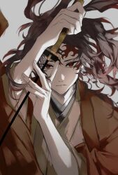 Rule 34 | 1boy, absurdres, brown hair, brown jacket, brown shirt, closed mouth, earrings, eyeshadow, facial tattoo, fingernails, grey background, hands up, highres, holding, holding sword, holding weapon, jacket, japanese clothes, jewelry, katana, kimetsu no yaiba, long hair, long sleeves, looking at viewer, makeup, male focus, mzc1785, open clothes, open jacket, ponytail, red eyes, red eyeshadow, shirt, simple background, single earring, solo, sun symbol, sword, tattoo, tsugikuni yoriichi, weapon, wide sleeves