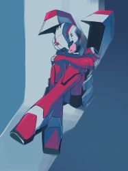 Rule 34 | 1girl, arcee, autobot, blue background, blue eyes, crossed legs, curled up, hand on own knee, highres, looking down, mecha, red lips, robot, science fiction, seikaigetsu, signature, sitting, solo, transformers, transformers animated