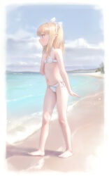 Rule 34 | 1girl, absurdres, ahoge, arm at side, bare arms, bare legs, bare shoulders, barefoot, beach, bikini, bingwei huang, blonde hair, blue eyes, blue sky, bow, bow hairband, choker, cloud, cloudy sky, covered navel, day, feet, flat chest, hairband, hand on own chest, highres, long hair, looking ahead, ocean, original, outdoors, pointy ears, profile, shore, side-tie bikini bottom, sky, solo, standing, stomach, strapless, strapless bikini, swimsuit, toes, water, white bikini, white bow, white choker, white hairband
