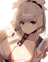 Rule 34 | 1girl, azur lane, bad id, bad pixiv id, belfast (azur lane), blue eyes, blush, braid, breasts, chain, cleavage, collar, collarbone, dress, french braid, frills, highres, kisui (28992125), large breasts, long hair, looking at viewer, maid, maid headdress, silver hair, smile, solo, upper body