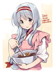 Rule 34 | 1girl, :d, alternate hairstyle, apron, blush, bowl, braid, brown eyes, chocolate, cropped torso, dated, headband, holding, holding bowl, japanese clothes, kantai collection, long hair, mixing bowl, odawara hakone, one-hour drawing challenge, open mouth, pink apron, red headband, shoukaku (kancolle), silver hair, single braid, smile, solo, twitter username