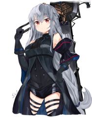 Rule 34 | 1girl, arknights, arm cuffs, ascot, black ascot, black cloak, black gloves, black pants, black shirt, breasts, buttons, cloak, clothing cutout, cowboy shot, detached sleeves, gloves, hair between eyes, jpeg artifacts, jsscj, long hair, looking at viewer, low-tied long hair, medium breasts, pants, parted lips, red eyes, science fiction, shirt, silver hair, simple background, skadi (arknights), skadi (elite ii) (arknights), solo, standing, sword, thigh cutout, thigh strap, turtleneck, very long hair, weapon, white background
