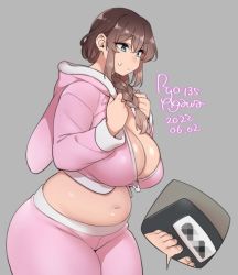 Rule 34 | 1girl, agawa ryou, artist name, braid, breasts, brown hair, cleavage, commentary, cowboy shot, cropped hoodie, dated, english commentary, frown, grey background, grey eyes, hair over shoulder, hood, hoodie, huge breasts, long hair, midriff, navel, original, pants, pink hoodie, pink pants, plump, sidelocks, signature, simple background, single braid, solo, sweatdrop, thick thighs, thighs, weighing scale, yoga pants