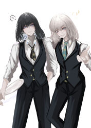 Rule 34 | 2boys, absurdres, antinese, black hair, black pants, black vest, blue eyes, buttons, collared shirt, dual persona, fate/grand order, fate (series), frown, grey hair, highres, holding, long sleeves, male focus, medium hair, multiple boys, necktie, oberon (fate), oberon (third ascension) (fate), official alternate hair color, pants, shirt, simple background, smile, vest, white background, white shirt