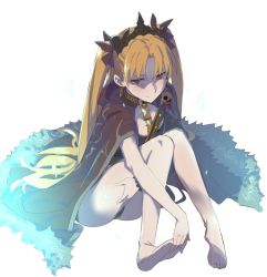 Rule 34 | 1girl, bare legs, barefoot, blonde hair, blush, cape, closed mouth, commentary request, earrings, ereshkigal (fate), fate/grand order, fate (series), feet, from above, full body, fur-trimmed cape, fur trim, hair ribbon, hands on feet, jewelry, knees together feet apart, light particles, long hair, ningen (ningen96), parted bangs, red cape, red eyes, red ribbon, ribbon, simple background, sitting, skull, smile, solo, tiara, tohsaka rin, two side up, white background