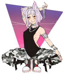 Rule 34 | animal ears, belt, bling, camouflage, camouflage pants, chain, chain necklace, collar, facial tattoo, grills, highres, jewelry, kenshin187, knees bent, multiple rings, necklace, pants, piercing, ring, snow sos, tank top, tattoo, watch, white hair, wristwatch, yellow eyes