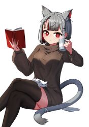 Rule 34 | 1girl, :&lt;, absurdres, animal ears, black thighhighs, book, breasts, brown sweater, cat ears, cat girl, cat tail, crossed legs, cup, ear piercing, extra ears, grey hair, highres, holding, holding book, holding cup, long sleeves, looking at viewer, maro (neneko mashiro), medium breasts, mug, multicolored hair, neneko mashiro, no pants, piercing, red eyes, red hair, simple background, sseonyu, stellive, streaked hair, sweater, tail, thighhighs, turtleneck, turtleneck sweater, two-tone hair, virtual youtuber, white background