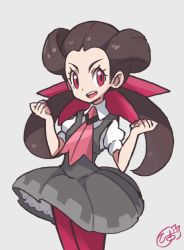 Rule 34 | 1girl, brown hair, clenched hands, collared shirt, commentary, creatures (company), dress, eyelashes, game freak, grey background, grey dress, hair ribbon, hands up, hiisu (s-1104-d), long hair, looking at viewer, nintendo, open mouth, pantyhose, pink eyes, pink ribbon, pokemon, pokemon oras, ribbon, roxanne (pokemon), shirt, signature, simple background, smile, solo, teeth, tongue, twintails, upper teeth only, w arms, white shirt