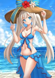 Rule 34 | 1girl, armpits, bare shoulders, beach, bikini, bikini skirt, blue bikini, blue eyes, blue sky, blush, breasts, cloud, commentary, cowboy shot, crossed legs, day, fate/grand order, fate (series), flower, hand on headwear, hat, hat flower, hat ribbon, head tilt, highres, jewelry, kazenokaze, long hair, looking at viewer, marie antoinette (fate), marie antoinette (swimsuit caster) (third ascension) (fate), medium breasts, navel, necklace, outdoors, ribbon, sky, smile, solo, sun hat, swimsuit, twintails, v, very long hair, water, white hair, wrist cuffs