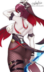 Rule 34 | 1girl, ass, bare shoulders, breasts, cslucaris, elbow gloves, from behind, genshin impact, gloves, habit, ice, large breasts, leotard, looking at viewer, looking back, multicolored hair, pantyhose, polearm, purple eyes, purple hair, red hair, rosaria (genshin impact), shiny clothes, shiny skin, short hair, sideboob, solo, spear, veil, weapon