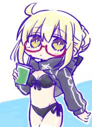 Rule 34 | 1girl, artoria pendragon (fate), bikini, black bikini, blonde hair, blue background, blush, braid, breasts, brown eyes, chibi, cleavage, closed mouth, commentary request, cup, disposable cup, drinking straw, fate/grand order, fate (series), glasses, hair between eyes, hair bun, holding, holding cup, hood, hood down, kasuga yuuki, long sleeves, looking at viewer, mysterious heroine x alter (fate), mysterious heroine xx alter (fate), outline, puffy long sleeves, puffy sleeves, red-framed eyewear, semi-rimless eyewear, shrug (clothing), side-tie bikini bottom, sleeves past wrists, small breasts, solo, swimsuit, two-tone background, under-rim eyewear, white background, white outline