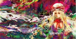 Rule 34 | 1girl, abstract, alternate eye color, blonde hair, bow, breasts, choker, cleavage, colorful, dress, eye focus, hat, hat ribbon, highres, lips, long hair, mob cap, multicolored background, open mouth, parted lips, psychedelic, purple dress, ribbon, ribbon choker, solo, surreal, touhou, uedajyoko, upper body, yakumo yukari