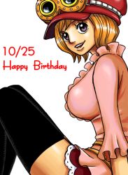 Rule 34 | 1girl, black thighhighs, blonde hair, blouse, breasts, goggles, goggles on headwear, grey eyes, happy birthday, hat, kiyu (zuyu), koala (one piece), large breasts, looking at viewer, looking to the side, one piece, shirt, short hair, skirt, solo, thighhighs