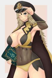 Rule 34 | 1girl, armpits, blonde hair, blush, book, breasts, cape, cleavage, covered navel, fire emblem, fire emblem fates, hat, highres, large breasts, leotard, midriff, navel, nintendo, ophelia (fire emblem), revealing clothes, roaamuje (artist), skin tight, smile, solo, wink