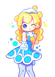 Rule 34 | absurdres, arm at side, bare arms, blonde hair, blue dress, blue eyes, blush stickers, closed mouth, curly hair, dress, foreshortening, gloves, highres, long hair, looking at viewer, marle (puyopuyo), offbeat, one eye closed, pantyhose, puyopuyo, puyopuyo tetris, sleeveless, sleeveless dress, smile, v, white background, white gloves, white headwear, white pantyhose