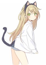 Rule 34 | 1girl, absurdres, animal ears, bad id, bad pixiv id, blue shorts, blush, cat ears, cat girl, cat tail, closed mouth, collared shirt, colored eyelashes, fake animal ears, fish hair ornament, from side, green eyes, hair between eyes, hair ornament, hairclip, highres, light brown hair, long hair, long sleeves, looking at viewer, looking to the side, mafuyu (chibi21), original, shirt, shirt tug, short shorts, shorts, simple background, sketch, sleeves past wrists, solo, tail, very long hair, white background, white shirt