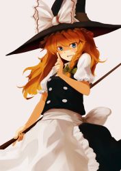 Rule 34 | 1girl, apron, blonde hair, blue eyes, braid, broom, colored eyelashes, eyelashes, fangs, female focus, grin, hat, highres, kirisame marisa, looking at viewer, orange hair, pointing, short hair, smile, solo, touhou, waist apron, witch, witch hat, yammy (artist), yammy (cellblo)