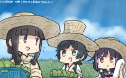 Rule 34 | 3girls, :d, black hair, blue sky, blunt bangs, braid, cloud, commentary, dated, day, flying sweatdrops, food, hair ribbon, hakama, hakama skirt, hamu koutarou, hat, highres, japanese clothes, kantai collection, kitakami (kancolle), long hair, low twintails, matsukaze (kancolle), meiji schoolgirl uniform, multiple girls, open mouth, purple hair, red eyes, ribbon, school uniform, serafuku, short hair, single braid, skirt, sky, smile, straw hat, sweat, taigei (kancolle), tasuki, top hat, towel, tress ribbon, twintails, vegetable