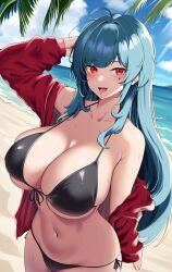 Rule 34 | 1girl, alternate breast size, azur lane, beach, bikini, black bikini, blue hair, blue sky, breasts, cloud, collarbone, commission, day, forked tongue, highres, large breasts, long hair, looking at viewer, marco polo (azur lane), masaki nanaya, navel, ocean, open mouth, outdoors, red eyes, side-tie bikini bottom, skeb commission, sky, solo, swimsuit, thighs, tongue, tongue out