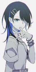 Rule 34 | 1girl, arm cutout, blue eyes, blue hair, collarbone, from side, greyscale, hair over one eye, hand on own chin, highres, hoshino ichika (project sekai), jewelry, long hair, looking at viewer, monochrome, multicolored hair, multiple bracelets, one eye covered, parted lips, pendant, project sekai, ritzchrono, shirt, short sleeves, sidelocks, simple background, solo, spot color, streaked hair, teeth, two-tone hair, upper body, white background