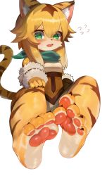 Rule 34 | 1girl, absurdres, animal ears, dokomon, flying sweatdrops, furry, furry female, green eyes, highres, looking at viewer, mia (world flipper), orange hair, pawpads, short hair, solo, tail, tiger ears, tiger girl, tiger tail, world flipper