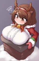 Rule 34 | 1girl, absurdres, blush, breasts, brown eyes, brown hair, chimney, fake horns, fur trim, granblue fantasy, grey background, highres, hood, horns, huge breasts, inconvenient breasts, jacket, long sleeves, looking down, matching hair/eyes, mittens, oppai loli, pldf, red jacket, shirt, short hair, simple background, snow, solo, stuck, white shirt, yaia (granblue fantasy)