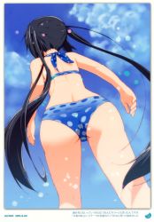 Rule 34 | 1girl, 2011, absurdres, ass, back, bikini, black hair, blue bikini, dated, day, errant, from behind, from below, highres, k-on!, long hair, nakano azusa, outdoors, polka dot, polka dot bikini, polka dot swimsuit, solo, swimsuit, trefoil, twintails