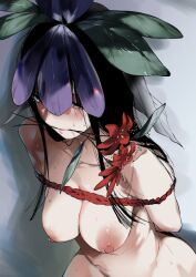 Rule 34 | 1girl, arms behind back, asuzemu, black eyes, black hair, blush, bound, breasts, cleavage, closed mouth, collarbone, completely nude, flower, flower on head, large breasts, long hair, mouth hold, nipples, nude, purple flower, red flower, restrained, solo, touhou, yomotsu hisami