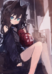 Rule 34 | 1girl, absurdres, animal ears, bare shoulders, black hair, black shirt, blue eyes, closed mouth, eyebrows hidden by hair, feet out of frame, gourd, hair between eyes, hand up, highres, holding, kaamin (mariarose753), knees together feet apart, long hair, long sleeves, looking at viewer, original, puffy long sleeves, puffy sleeves, shirt, short eyebrows, sitting, sleeves past wrists, solo, thick eyebrows, turtleneck