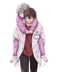 Rule 34 | 1boy, 1girl, absurdres, amamiya gorou, asgykk, barefoot, beanie, black pants, blue eyes, brown hair, carrying, closed eyes, commentary request, doctor, glasses, hair ornament, hat, highres, lab coat, open mouth, oshi no ko, pajamas, pants, piggyback, pink pajamas, placard, rabbit hair ornament, red shirt, shirt, sign, signature, smile, teeth, tendouji sarina
