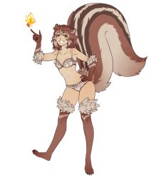 Rule 34 | 1girl, :d, animal ears, animal hands, bad link, bare shoulders, bow, bow panties, bra, breasts, brown hair, claws, collarbone, commission, contrapposto, fire, frilled bra, frilled panties, frills, full body, fur, green eyes, grin, hair between eyes, hand on own hip, highres, index finger raised, large tail, looking at viewer, manosdetrapo, monster girl encyclopedia, multicolored hair, open mouth, original, panties, ratatoskr (monster girl encyclopedia), short hair, small breasts, smile, solo, squirrel ears, squirrel girl, squirrel tail, streaked hair, tail, teeth, transparent background, two-tone hair, underwear, underwear only, white bra, white panties