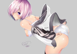Rule 34 | 1girl, absurdres, adjusting clothes, adjusting panties, ass, bare shoulders, black thighhighs, bra, breasts, butt crack, cekonikova, closed mouth, commentary request, eyelashes, fate/grand order, fate (series), fingernails, frilled bra, frills, grey background, hair over one eye, highres, hood, hood down, hoodie, legs together, lips, long fingernails, long sleeves, looking at viewer, mash kyrielight, medium breasts, nipples, off shoulder, open clothes, open hoodie, panties, panty pull, pink hair, puffy nipples, pulled by self, purple eyes, purple hair, short hair, simple background, sleeves past wrists, solo, strap slip, thighhighs, underwear, wedgie, white bra, white panties