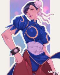 Rule 34 | 1girl, arm at side, artist name, arttoru, black hair, blue dress, bracelet, breasts, brown pantyhose, bun cover, cameltoe, capcom, china dress, chinese clothes, chun-li, clenched hand, covered abs, covered erect nipples, covered navel, cowboy shot, double bun, dress, eyebrows hidden by hair, hair bun, hand on own hip, head tilt, highres, jewelry, large breasts, leotard, leotard peek, lips, lipstick, looking at viewer, makeup, neck, open mouth, orange eyes, outline, pantyhose, pelvic curtain, pink lips, puffy short sleeves, puffy sleeves, ribbon, round teeth, sash, short hair, short sleeves, skin tight, smile, solo, spiked bracelet, spikes, standing, street fighter, swept bangs, teeth, upper teeth only, white outline, white ribbon