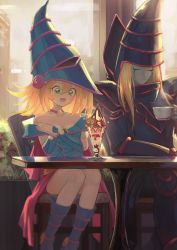 Rule 34 | + +, 1boy, 1girl, bad id, bad twitter id, bare shoulders, blonde hair, blue legwear, blush, boots, building, chair, cherry, chocolate, choker, closed mouth, collarbone, colored skin, cup, dark magician, dark magician girl, dessert, closed eyes, facial mark, food, fruit, green eyes, grey skin, hair between eyes, hat, highres, holding, holding cup, ice cream, indoors, kashu (hizake), kuriboh, long hair, medium hair, open mouth, own hands together, pink choker, plant, reflection, sitting, smile, sparkle, steam, strawberry, sundae, table, tongue, transparent, vambraces, window, yu-gi-oh!