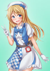 Rule 34 | 1girl, alternate costume, anti (untea9), apron, blonde hair, blue bow, blue eyes, bow, bowtie, breasts, checkered apron, checkered clothes, checkered legwear, checkered skirt, clock, collared dress, cosplay, cowboy shot, dress, enemy lifebuoy (kancolle), gloves, gradient background, green background, green bow, green bowtie, highres, jervis (kancolle), kantai collection, light brown hair, looking at viewer, michishio (kancolle), michishio (kancolle) (cosplay), open mouth, short sleeves, skirt, small breasts, smile, two-tone dress, v, white gloves, white headwear