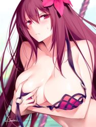 Rule 34 | 1girl, blush, breasts, cleavage, fate/grand order, fate (series), flower, gae bolg (fate), hair flower, hair ornament, holding, holding weapon, kousaki rui, large breasts, long hair, looking at viewer, purple eyes, purple hair, red eyes, scathach (fate), scathach (fate), solo, sweatdrop, wardrobe malfunction, weapon
