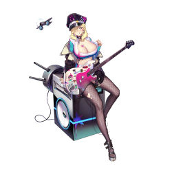 Rule 34 | 1girl, :q, aircraft, black choker, black hat, black surge night, blonde hair, blue eyes, breasts, choker, cleavage, crop top, earrings, facial mark, fishnet pantyhose, fishnets, guitar, hair over one eye, hat, heart, highres, huge breasts, instrument, jacket, jewelry, large breasts, long hair, luode huayuan, o-ring, off shoulder, official alternate costume, official art, pantyhose, rigging, simple background, sitting, solo, speaker, star (symbol), tongue, tongue out, torn clothes, torn pantyhose, transparent background, white background, yorktown (black surge night)