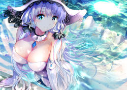 Rule 34 | 1girl, arm support, armlet, azur lane, bare shoulders, blue eyes, blue gemstone, blush, breasts, choker, cleavage, closed mouth, collarbone, dress, elbow gloves, gem, gloves, hair between eyes, hair ornament, hair ribbon, hat, head tilt, highres, illustrious (azur lane), in water, jewelry, large breasts, light particles, long hair, looking at viewer, low twintails, mole, mole under eye, ogata tei, pendant, reflection, ribbon, shaded face, sidelocks, sleeveless, sleeveless dress, smile, solo, sun, sun hat, tress ribbon, twintails, water, water drop, wet, wet clothes, white dress, white gloves, white hair, white hat