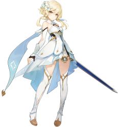 Rule 34 | 1girl, absurdres, armor, arms at sides, blonde hair, boots, cape, dress, flower, full body, genshin impact, gloves, hair between eyes, hair flower, hair ornament, halterneck, high-low skirt, highres, lily (flower), lumine (genshin impact), official art, partially fingerless gloves, solo, sword, teeth, thighhighs, thighs, transparent background, weapon, white armor, white thighhighs