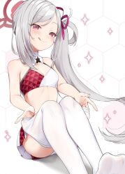 Rule 34 | 1girl, ass, asymmetrical bangs, blue archive, blush, breasts, cheerleader, cleavage, commentary request, crop top, grey hair, hair ribbon, half-closed eyes, halo, highres, long hair, looking at viewer, midriff, miniskirt, mutsuki (blue archive), no shoes, on floor, panties, panty peek, pantyhose, pink eyes, pink ribbon, ribbon, ryura (negi-mamire), seductive smile, side ponytail, sitting, skirt, small breasts, smile, solo, sparkle, tongue, tongue out, underwear, white background, white panties, white pantyhose